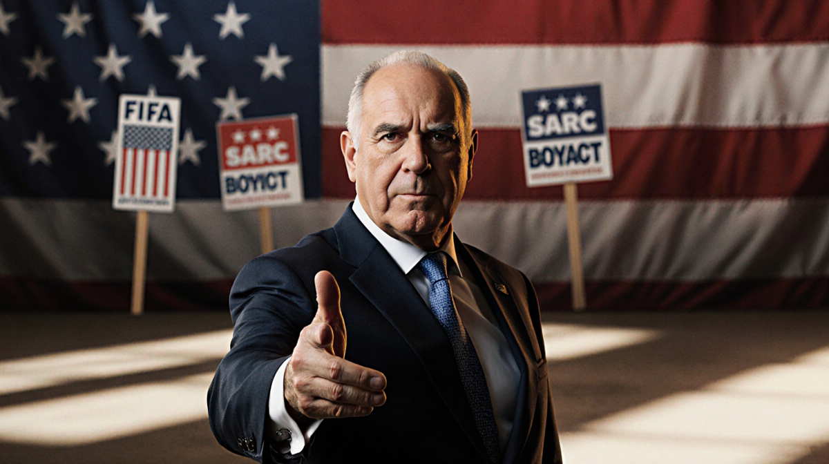 Sepp Blatter former FIFA president gesturing toward camera with glow and American flag background and protest banners