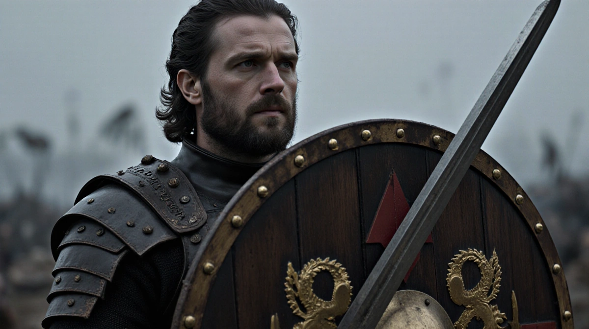 Ser Lyonel Baratheon stands with sword ready beside a wooden shield bearing the Lannister sigil against a battle-scarred back