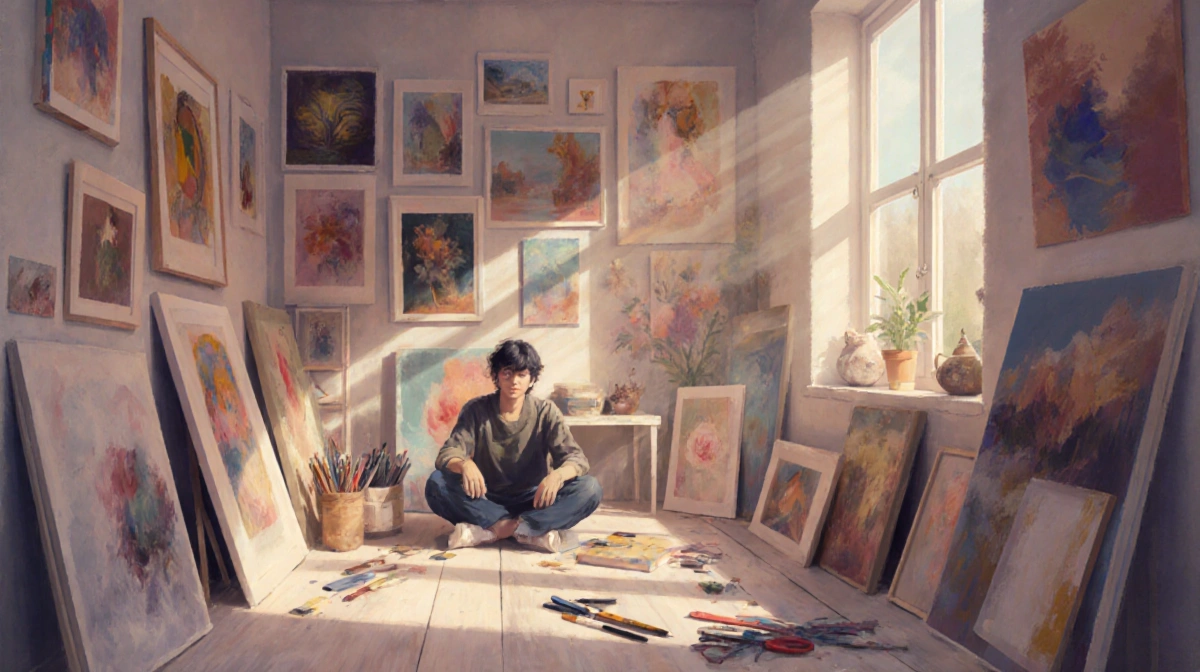 Person sitting peacefully with creative tools and warm lighting surrounded by colorful wall paintings