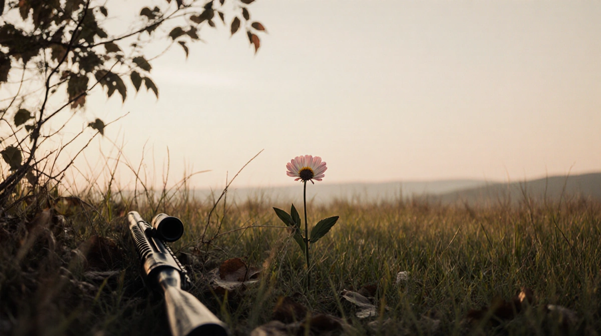 A lone flower blooming in a clearing with a rifle hidden beside it evokes melancholy and peaceful calm