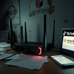 Smartphone screen glowing with TikTok error in dimly-lit server room with flickering error screens and large router