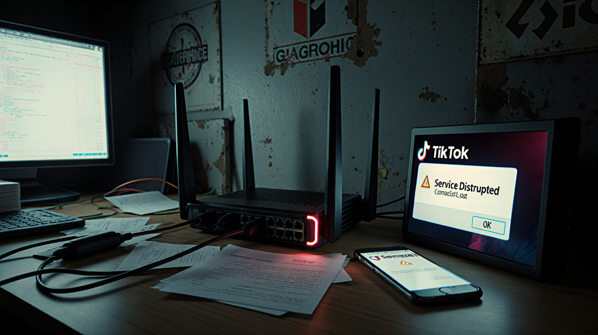Smartphone screen glowing with TikTok error in dimly-lit server room with flickering error screens and large router