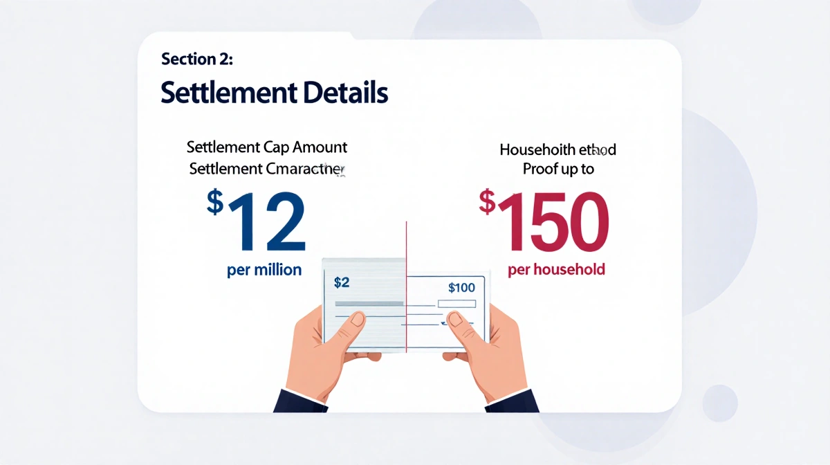 Person holding a check with $3 million settlement cap above it and split-screen of $10 and $150 per household in background