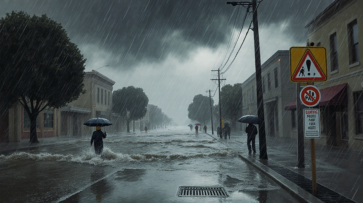 People navigating flooded San Francisco street with heavy rain and warning signs overhead
