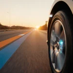 Car wheel rotates along orange and blue highway with sunset glow and autonomous sensors