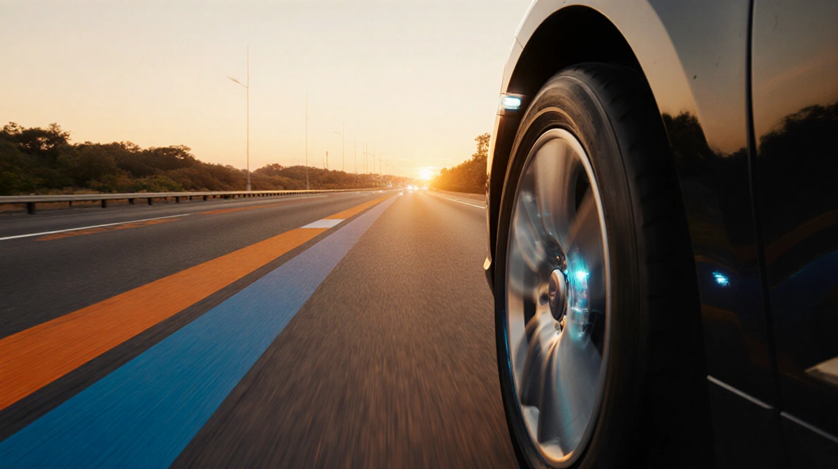 Car wheel rotates along orange and blue highway with sunset glow and autonomous sensors