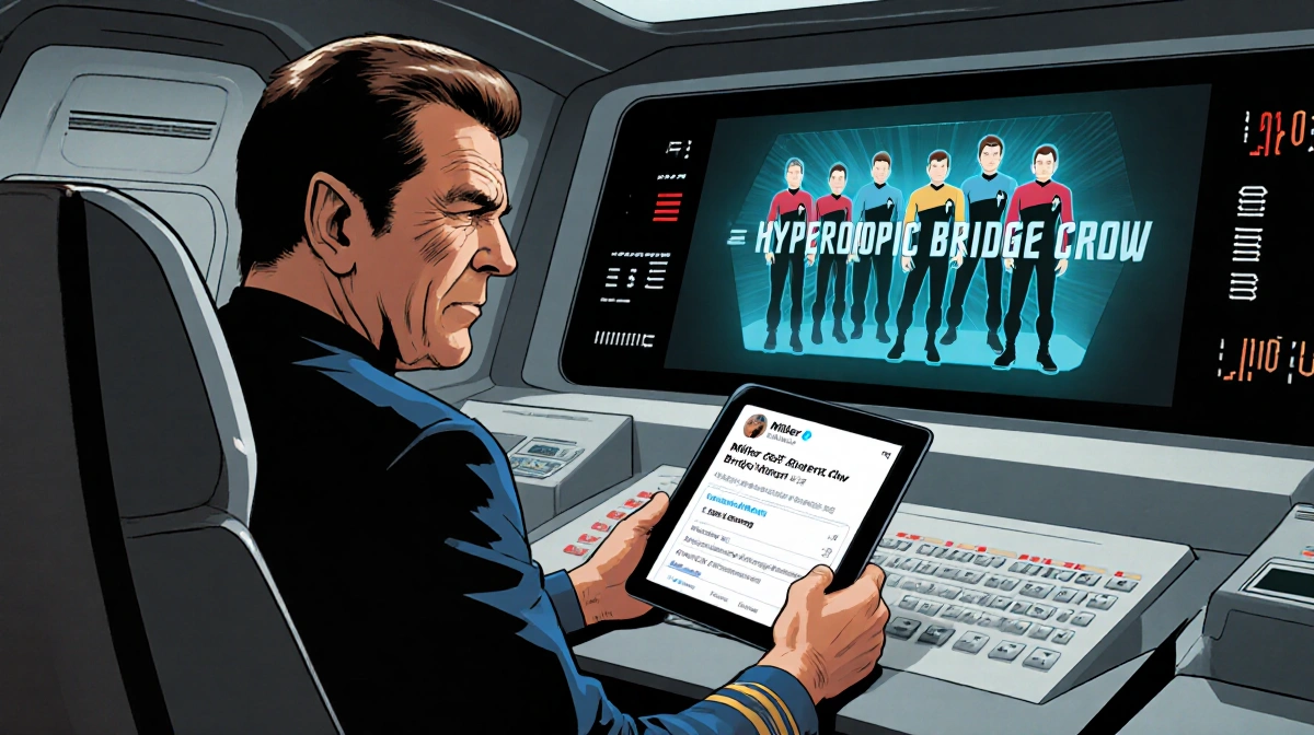 William Shatner smirks holding a tablet beside a futuristic console with holographic Enterprise crew.