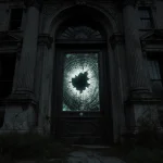 Ornate door with shattered glass glows from within and stands before a decaying mansion with overgrown gardens
