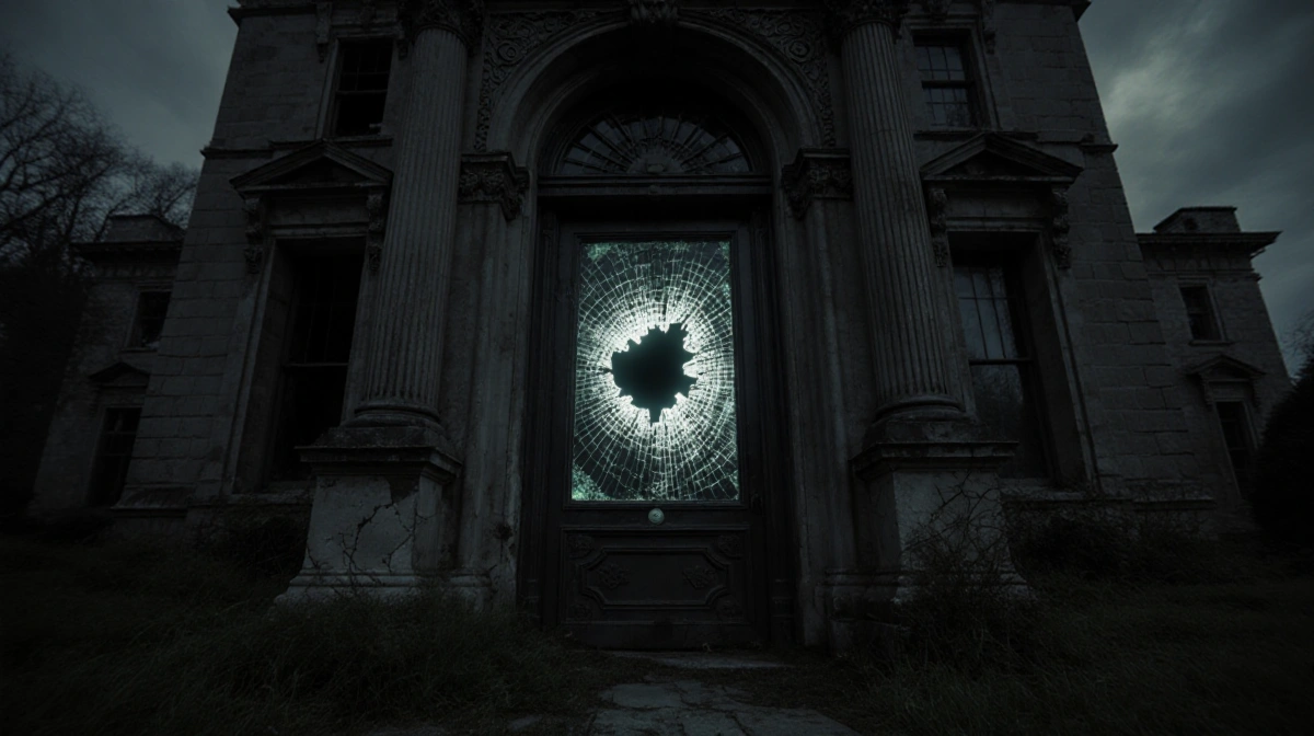 Ornate door with shattered glass glows from within and stands before a decaying mansion with overgrown gardens