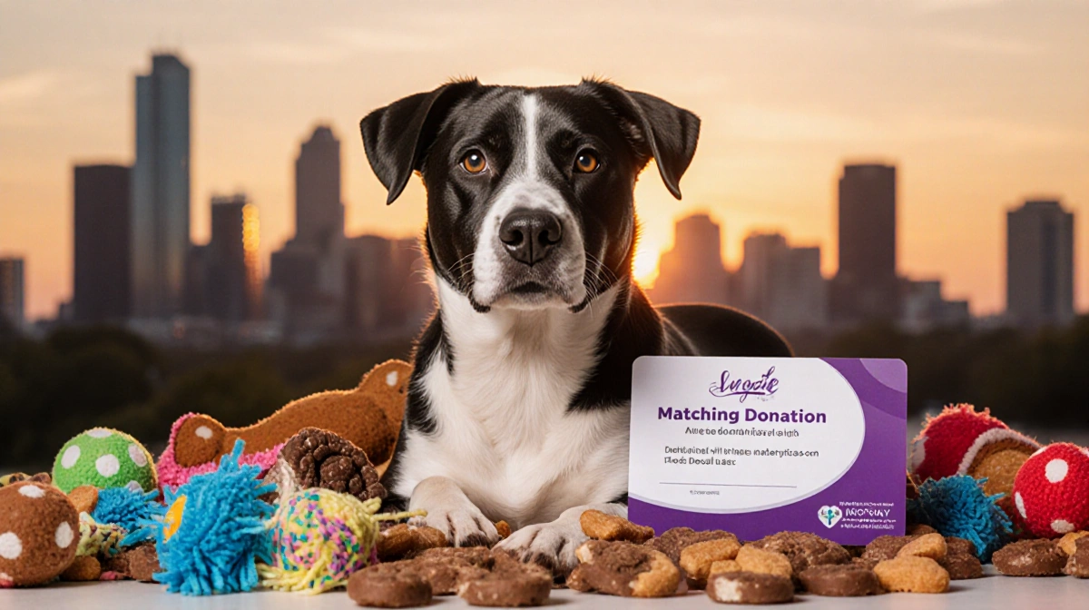 Shelter dog looking hopeful with toys and treats around holding donation card near warm sunset Austin skyline