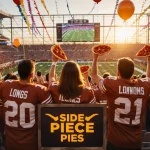 Fans cheering in Texas Longhorns jerseys with pepperoni pies and wings while a giant screen displays a college football game.