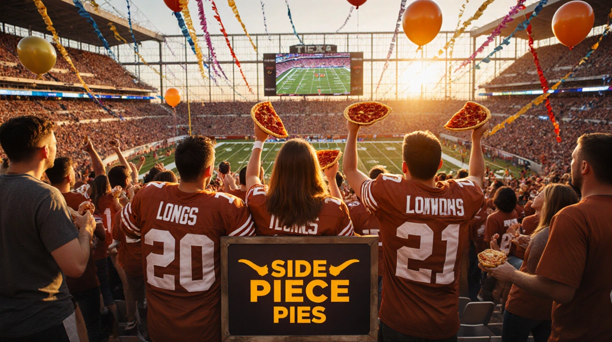 Fans cheering in Texas Longhorns jerseys with pepperoni pies and wings while a giant screen displays a college football game.