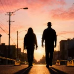 Two silhouettes walking away with dusk-lit urban street and police tape in foreground.