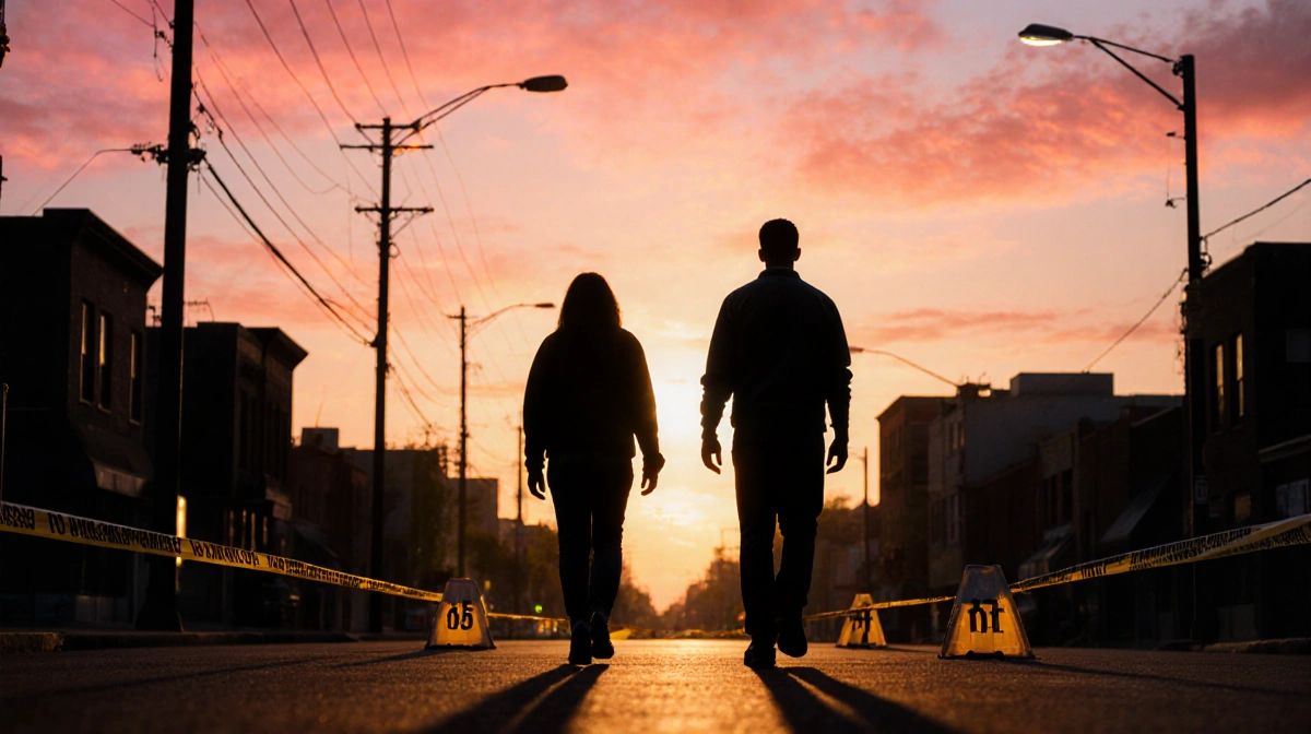 Two silhouettes walking away with dusk-lit urban street and police tape in foreground.