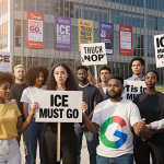 Tech workers stand together with protest signs against ICE and for justice near a massive Apple building.