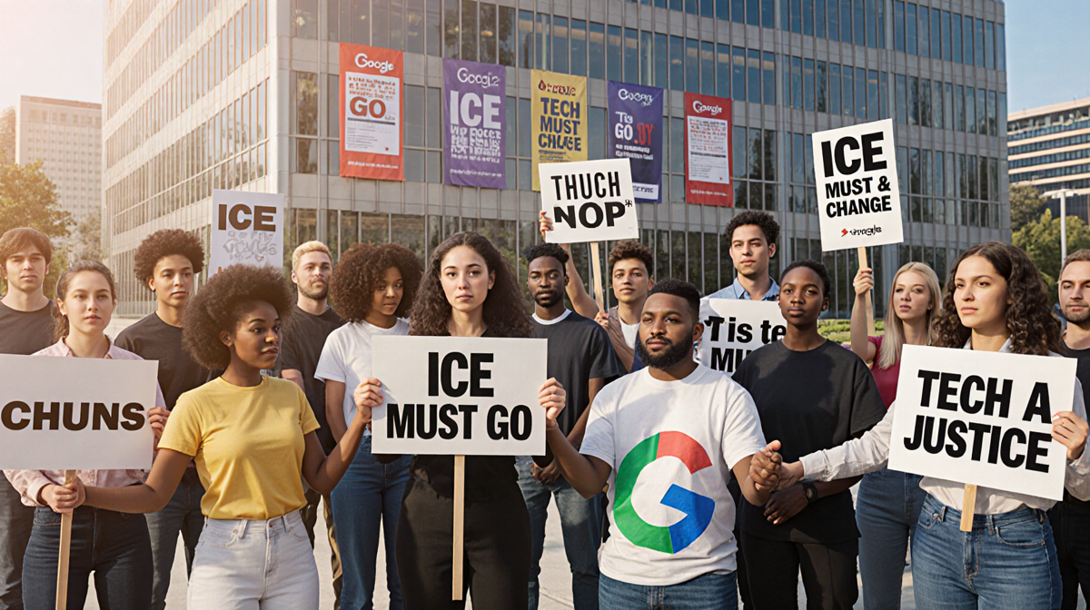 Tech workers stand together with protest signs against ICE and for justice near a massive Apple building.