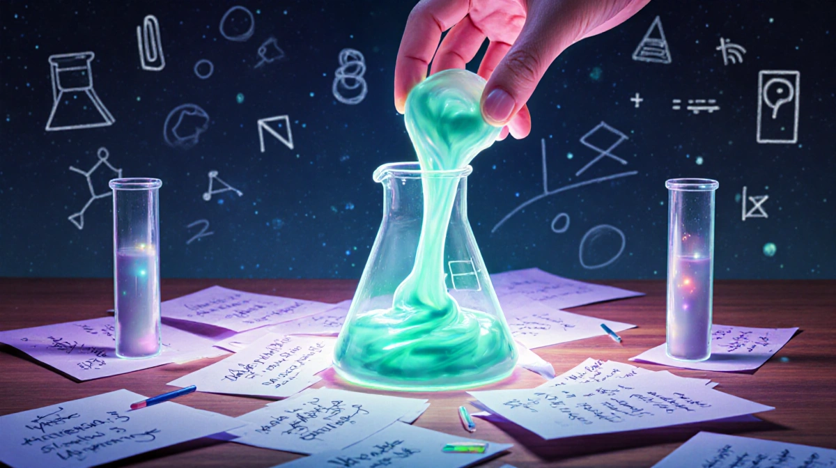 Glowing Silly Putty oozes from lab beaker with scattered notes and faint prototype sketches behind