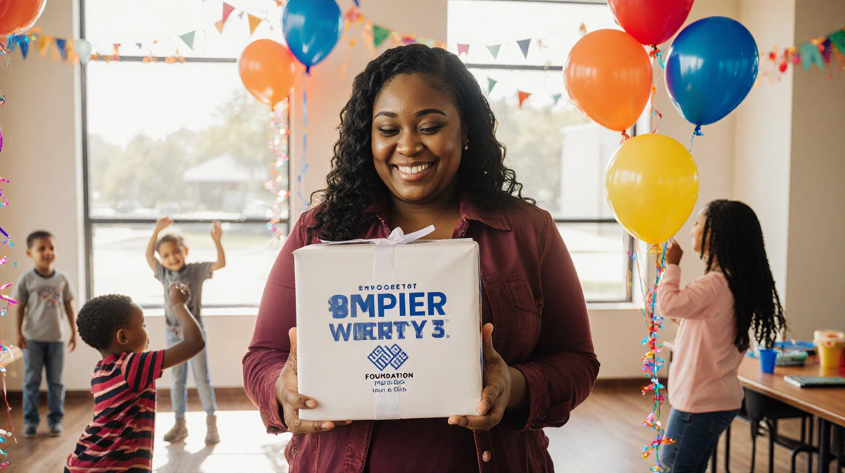 Single mother smiling while holding a charity gift with bright balloons and joyful children nearby