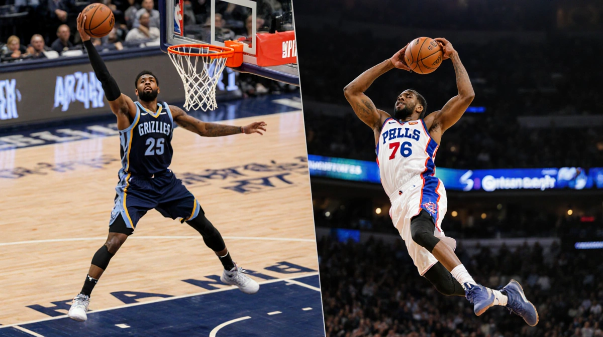 76ers player launching a three-pointer with ball swishing through net and motion blur as Grizzlies' hoop blurs behind