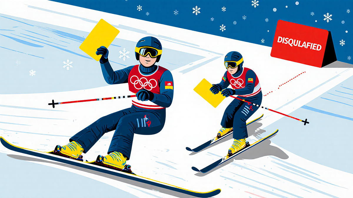 Ski jumper holding a yellow card with a red card and disqualified spot behind.