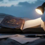 Worn leather journal lies open on bedside table with flickering nightlight casting glow on pages and muted blue background.