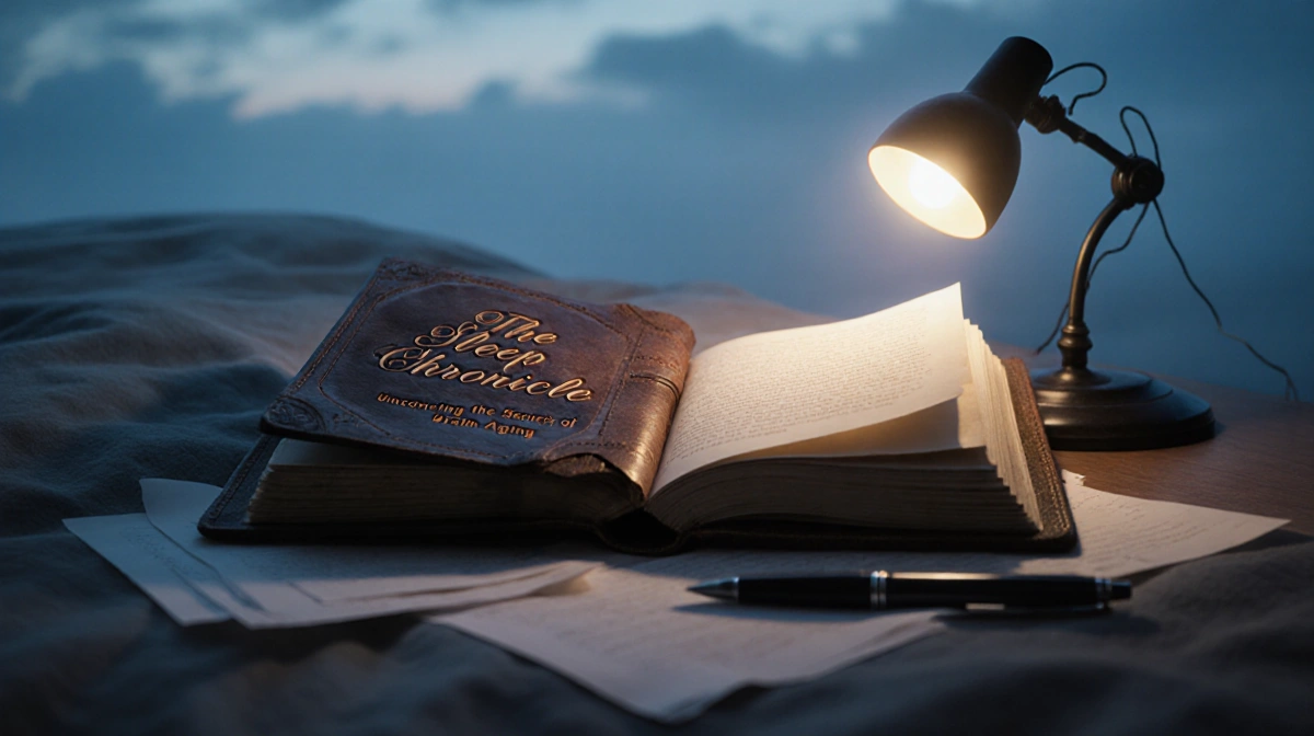 Worn leather journal lies open on bedside table with flickering nightlight casting glow on pages and muted blue background.