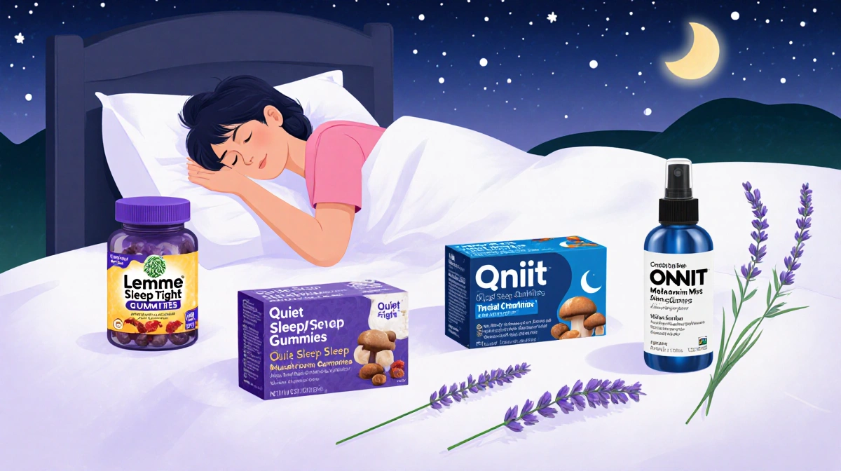 Person snuggled in bed with colorful sleep aid gummies and calming lavender sprigs