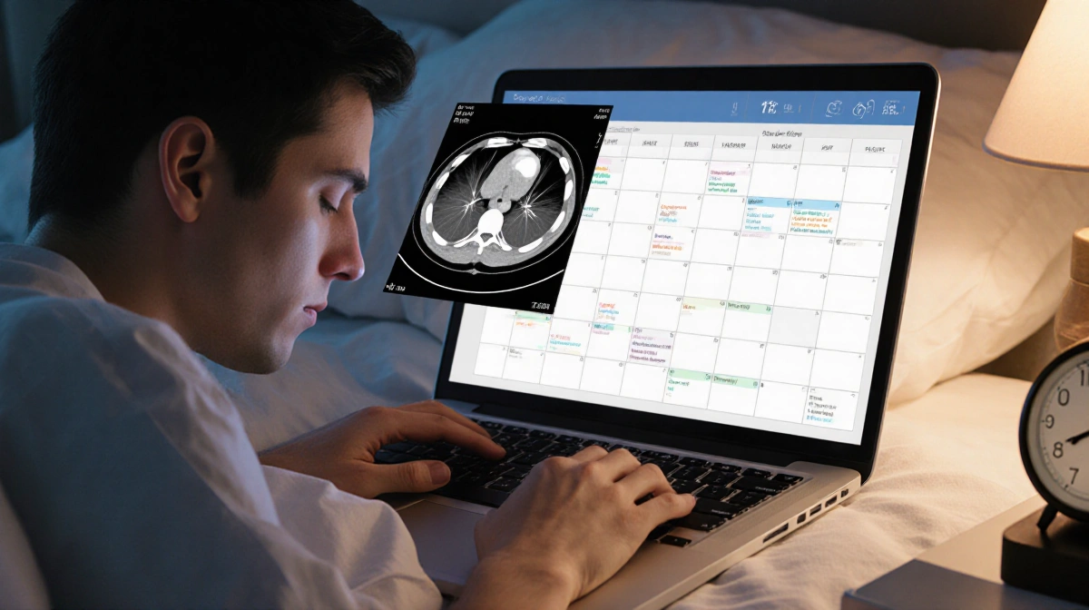 Person lying in bed with laptop open on bedside showing sleep and CT scan overlay bedside lamp lights face clock shows 2 a.m.