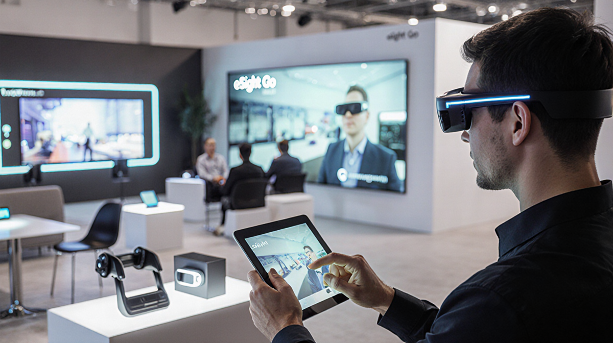 Person wearing eSight Go smart glasses interacts with tablet showing augmented reality with glowing accents