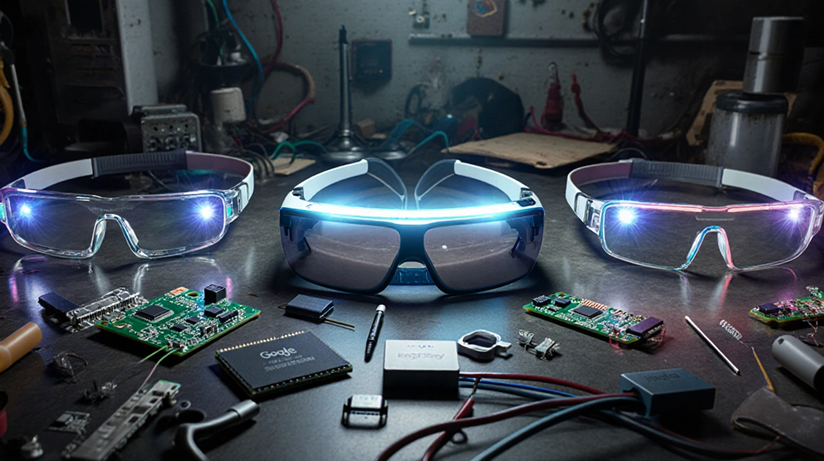 Smart glasses lined up with AR lenses and flexible frames beside circuit boards and tools in a workshop.
