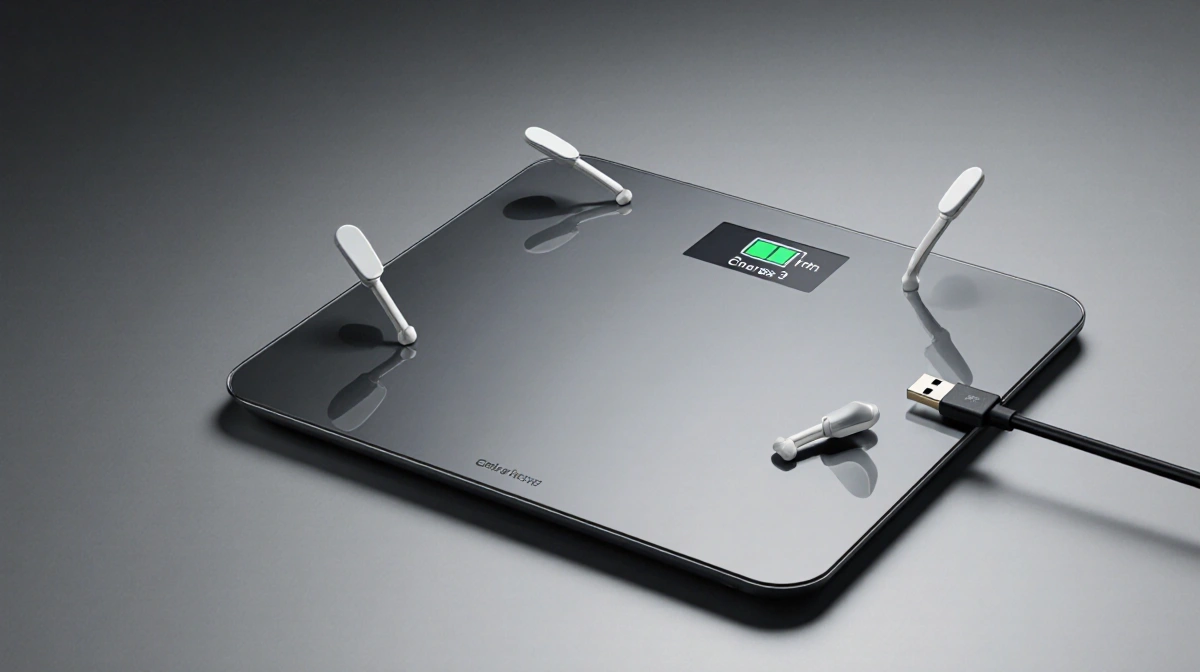 Smart scale displaying 3 months battery gauge with USB-C cable plugged and retractable electrode arms extended