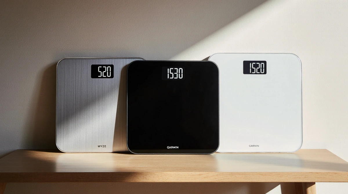 Three smart scales lying side by side with natural light highlighting their metallic displays on a wooden table.