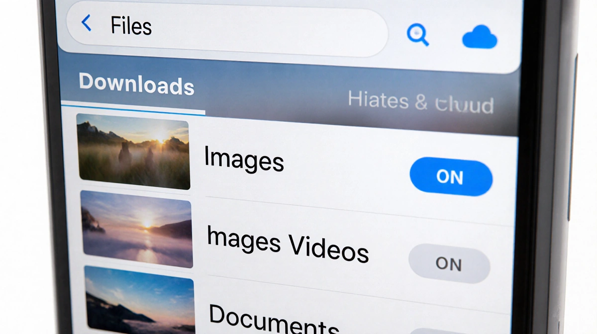 Smartphone showing Files app with Images and photos and cloud icon top right and search bar bottom left.
