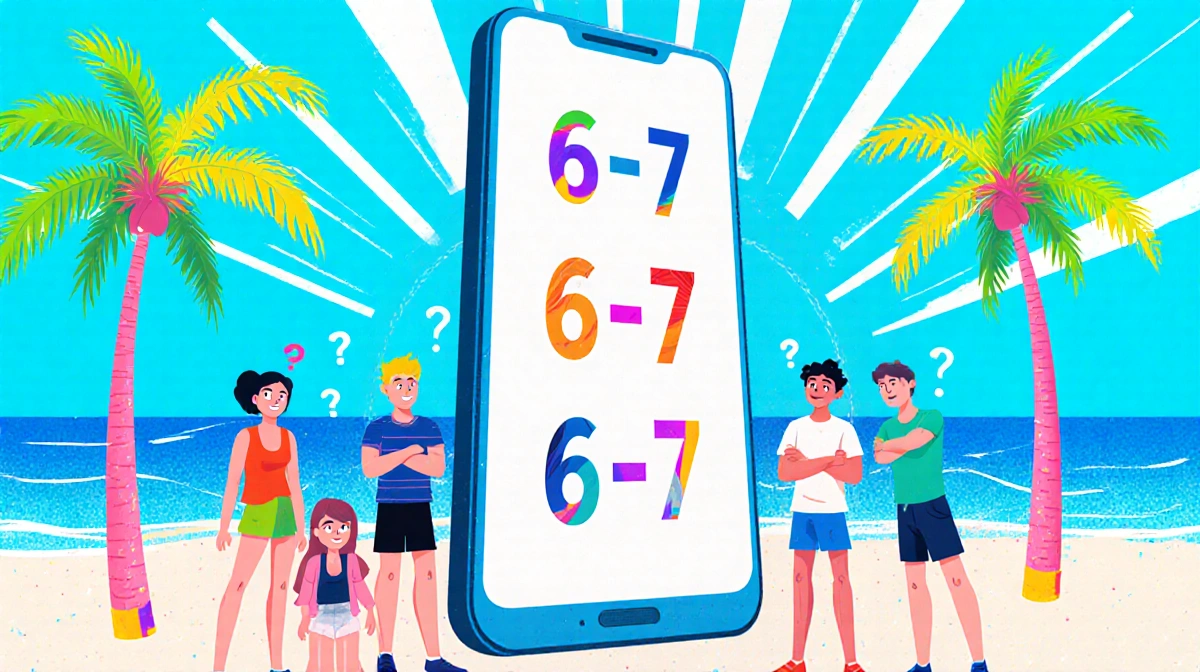 Gen Z teenagers gather around a phone screen with scrolling 6-7 over blue background and palm trees