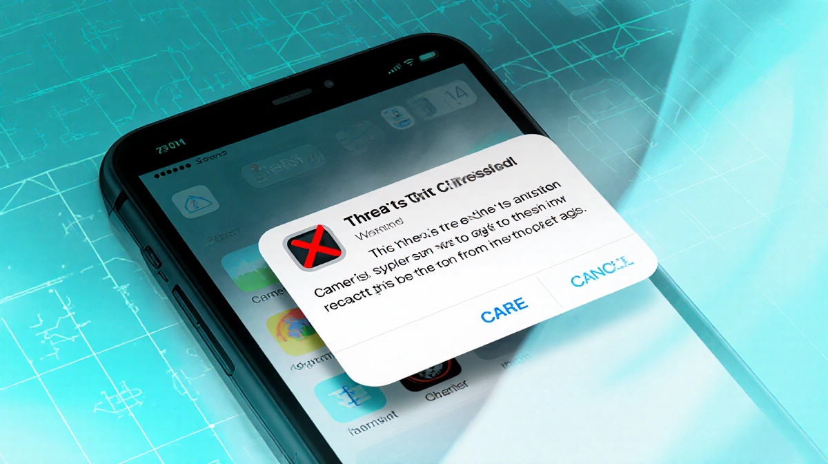 Smartphone screen shows Apple threat warning with camera app crossed out and faint grid with drifting icons