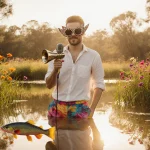 Mr Smarty Pants stands proudly at the billabong with oversized sunglasses and war horn microphone while a fish dances in the