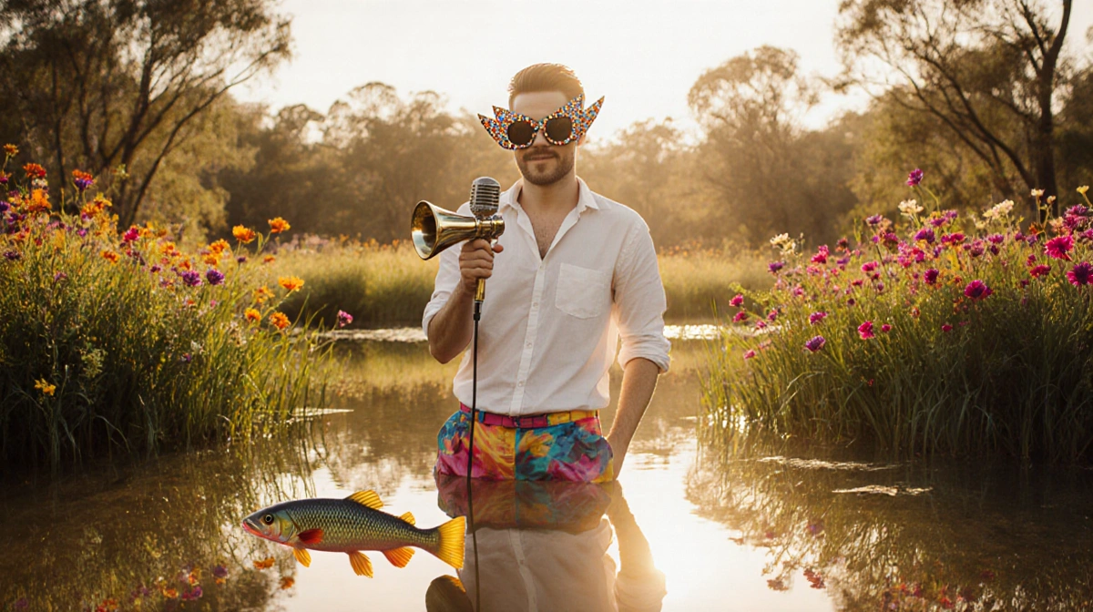 Mr Smarty Pants stands proudly at the billabong with oversized sunglasses and war horn microphone while a fish dances in the