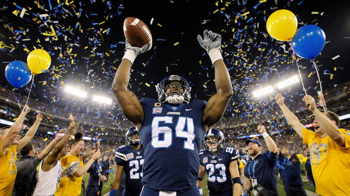 SMU football team celebrates by hoisting the victory ball with Kevin Jennings arms raised and confetti raining over fans in y
