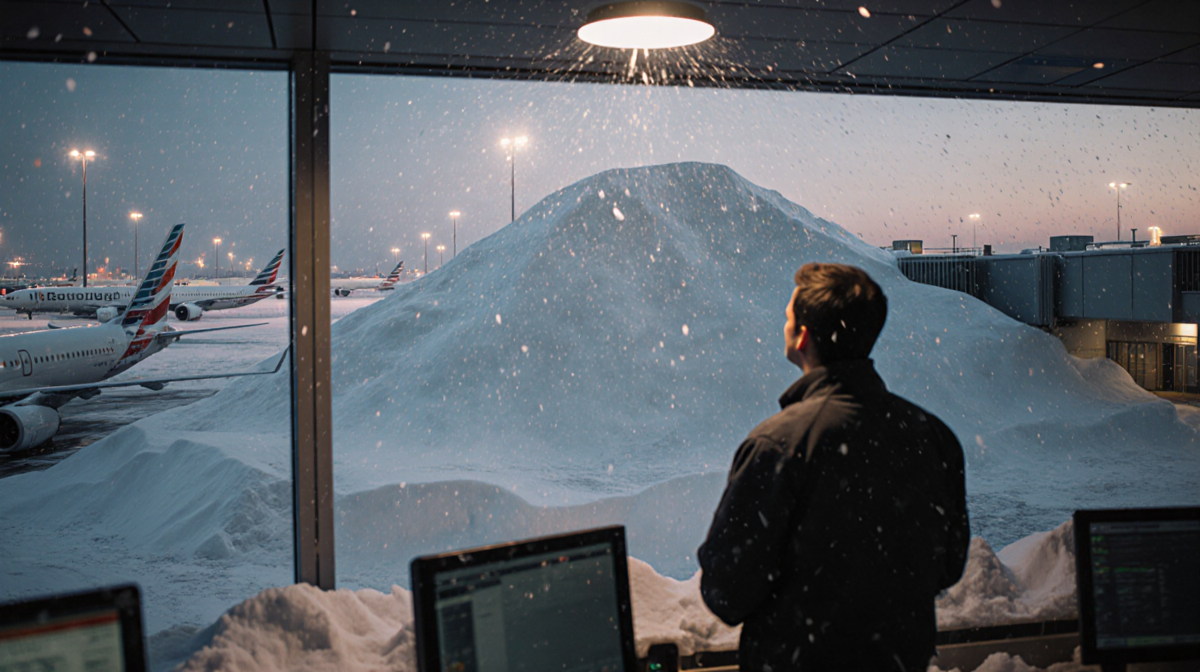 Air traffic controller standing under flickering light with massive snowdrift engulfing terminal entrance at dusk