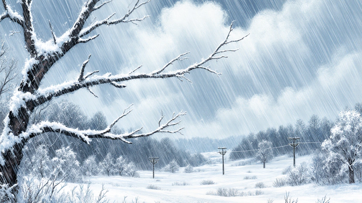 Snow squall battering forest with icy blue sky and frosted branch in winter