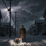 Bundled figure standing beside portable generator with snow glow and lightning flashes over dark houses