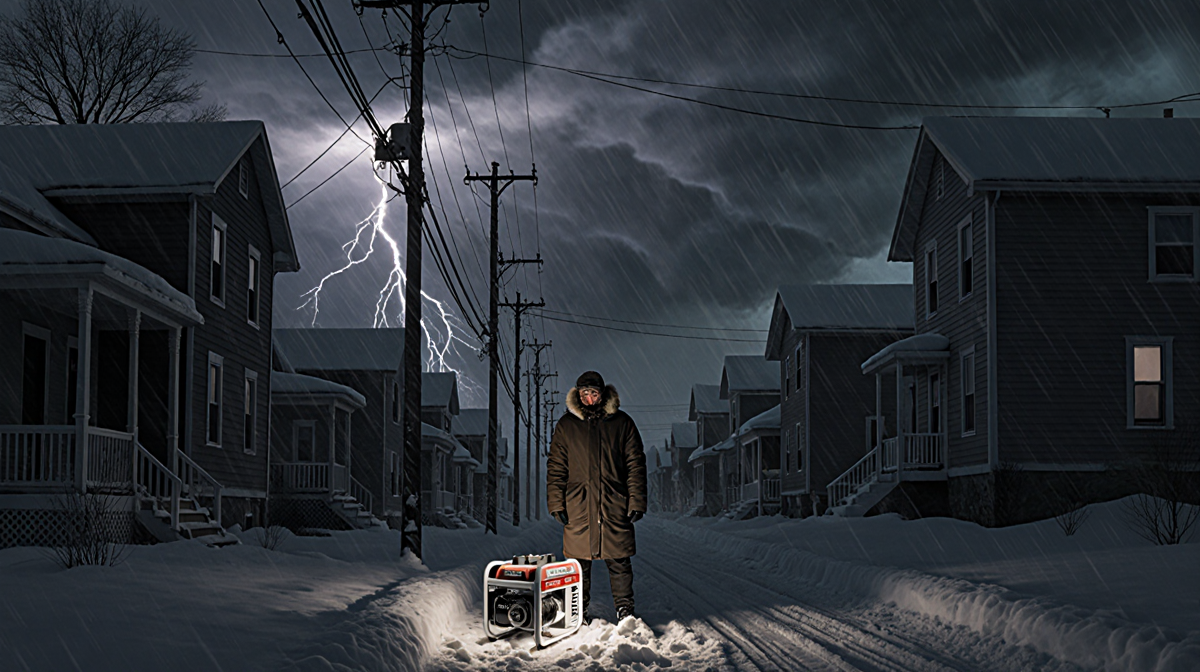 Bundled figure standing beside portable generator with snow glow and lightning flashes over dark houses