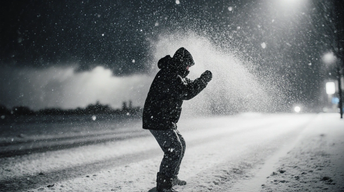 Figure bracing against wind with snowflakes swirling and a dark storm cloud looming overhead
