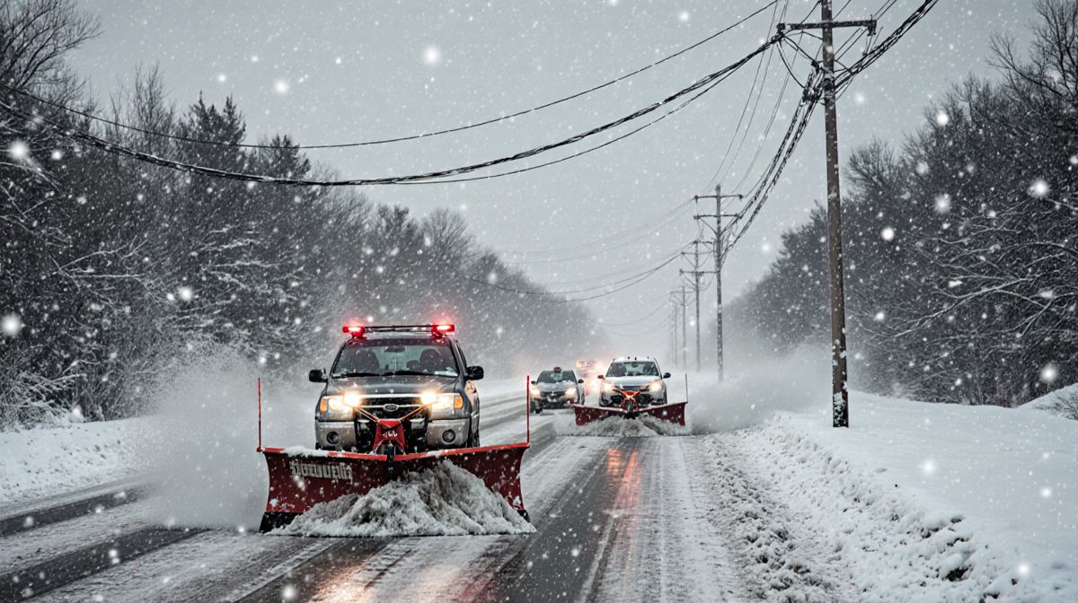 Snowplows clearing a car on an icy road with abandoned cars and falling snowflakes