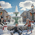 Children building a snowman with a frosted fountain and colorful holiday lights in a snowy city street