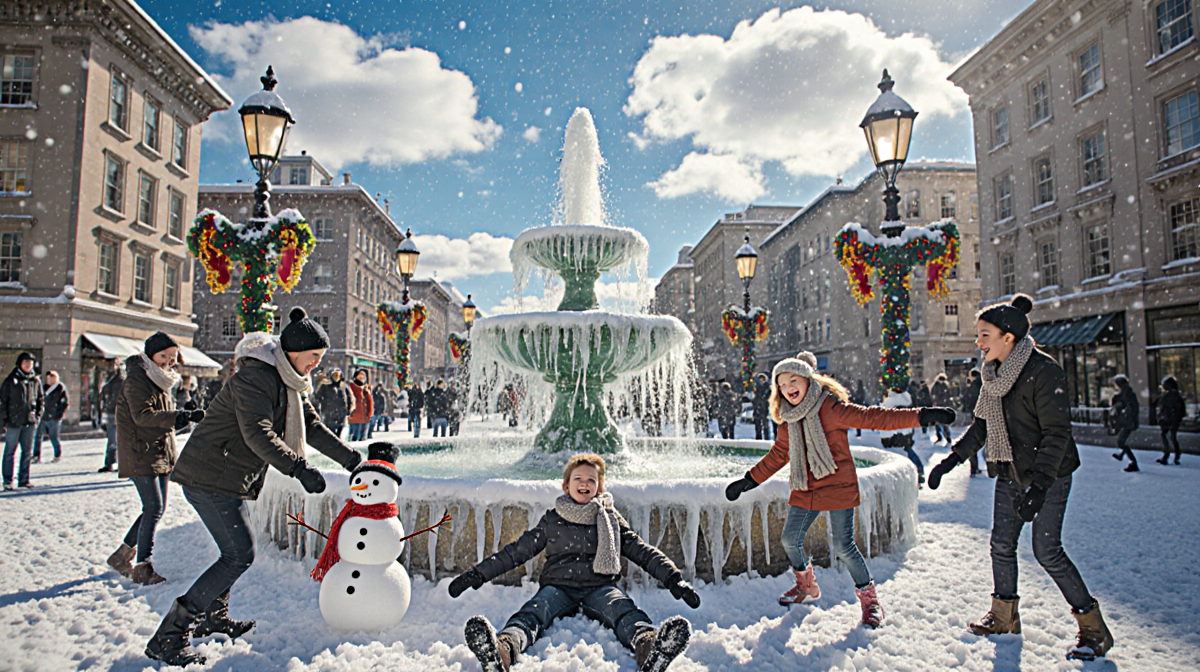 Children building a snowman with a frosted fountain and colorful holiday lights in a snowy city street