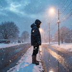 Lone figure standing at flooded road edge with winter storm street and warm streetlight showing resilience and snowflakes