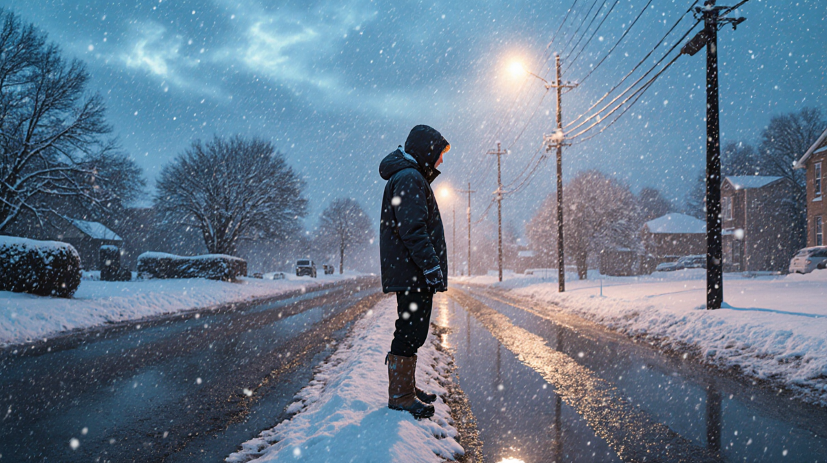 Lone figure standing at flooded road edge with winter storm street and warm streetlight showing resilience and snowflakes