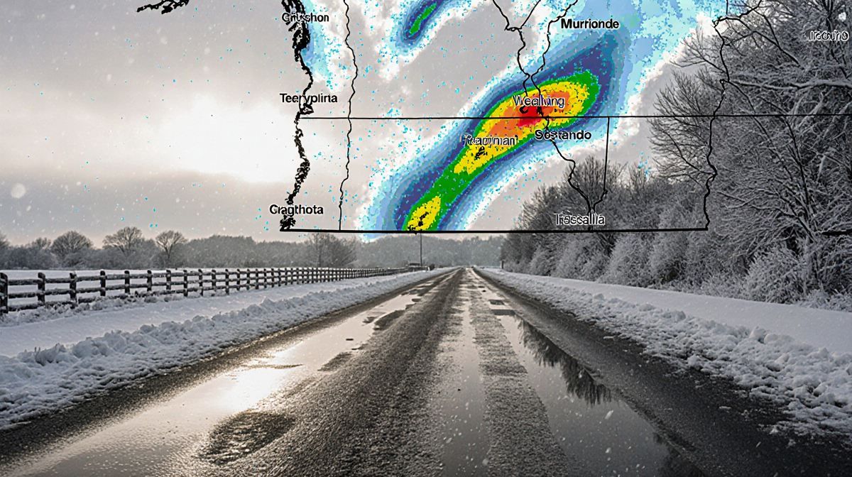 Road reflecting morning light with ice and sleet highlighting a winter storm warning