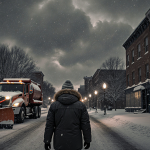 Bundled up person walking down snowy street with snowplow parked and dark gray clouds overhead